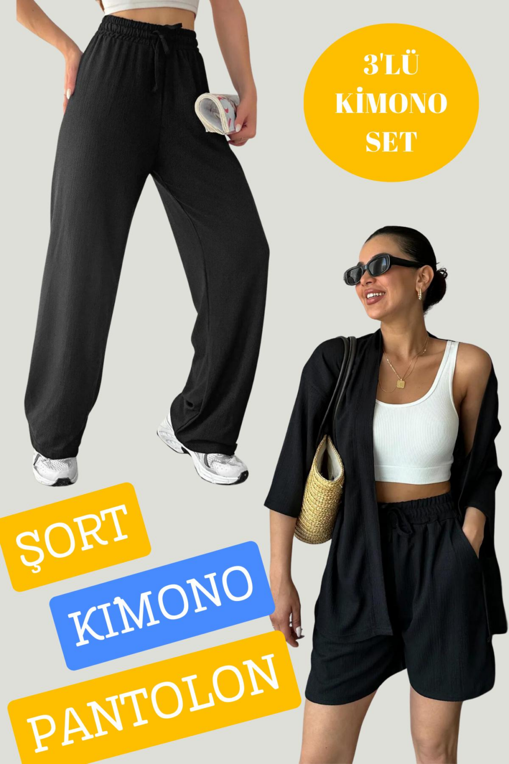 Kadın Düz Renk Rahat Kesim 3'Lü Set Kimono şort pantolon Takım