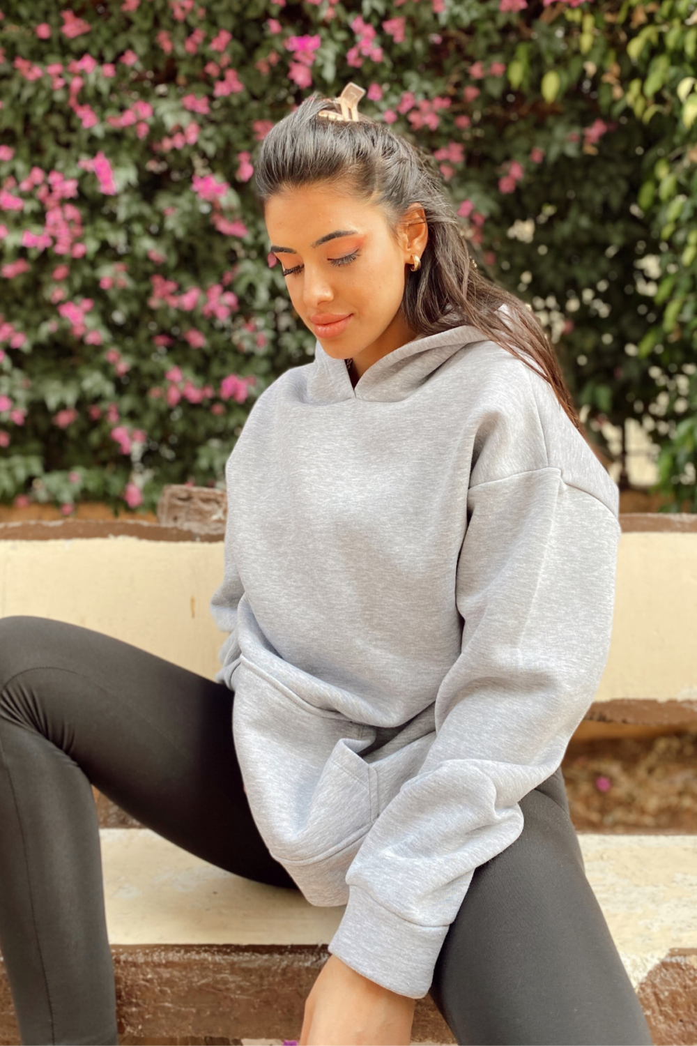 Kanguru Cepli Kapşonlu Şardonlu Gri Oversize Sweatshirt