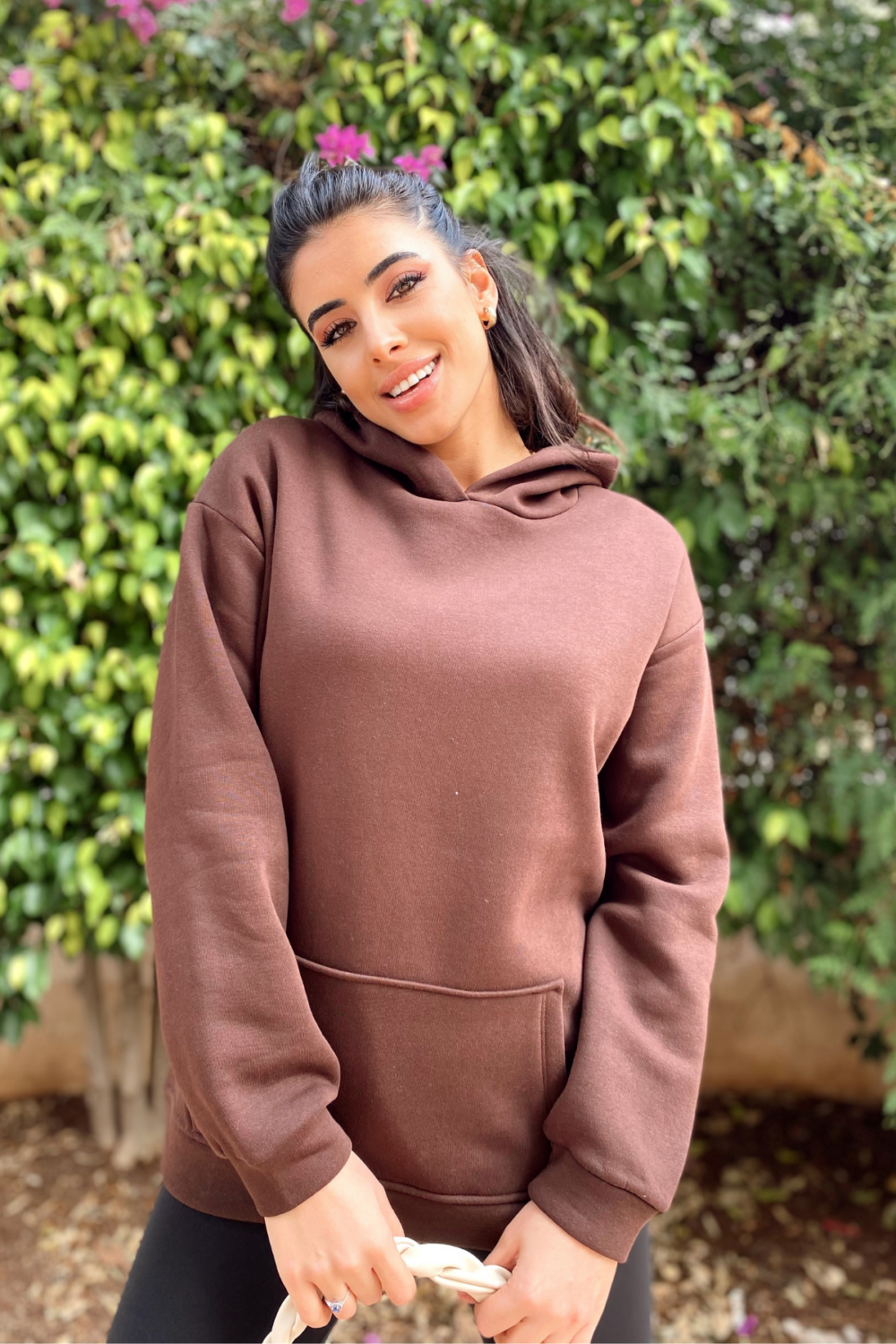 Kanguru Cepli Kapşonlu Şardonlu Kahve Oversize Sweatshirt