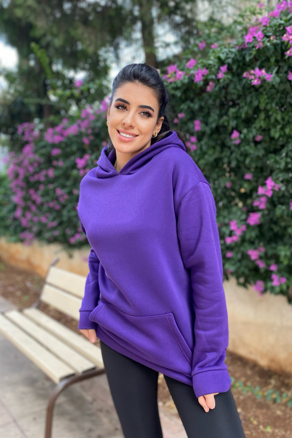 Kanguru Cepli Kapşonlu Şardonlu Mor Oversize Sweatshirt